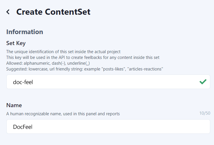 Feelback panel create content-set